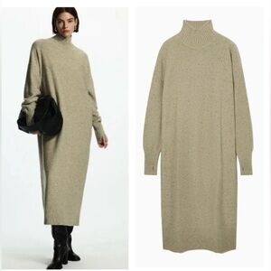 COS 100% Wool Turtleneck Beige Sweater Dress Sz L Quiet Luxury Donegal Capsule